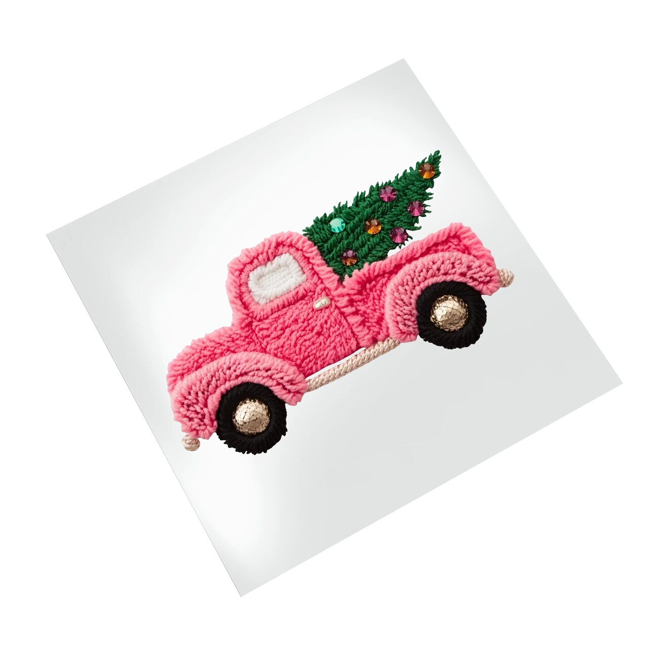 Christmas DTF Transfer - Faux Yarn Pink Truck Christmas Tree Ready to Press